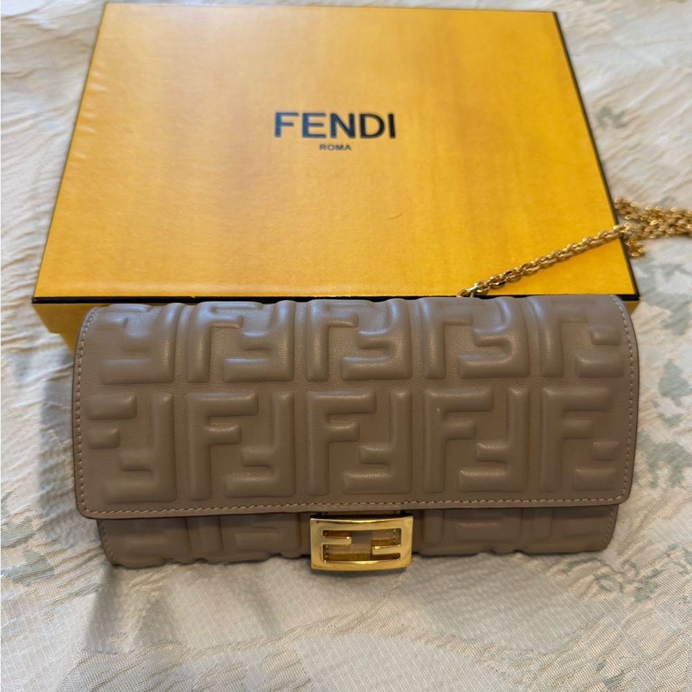 Fendi Brown Leather Walet with Gold Chain